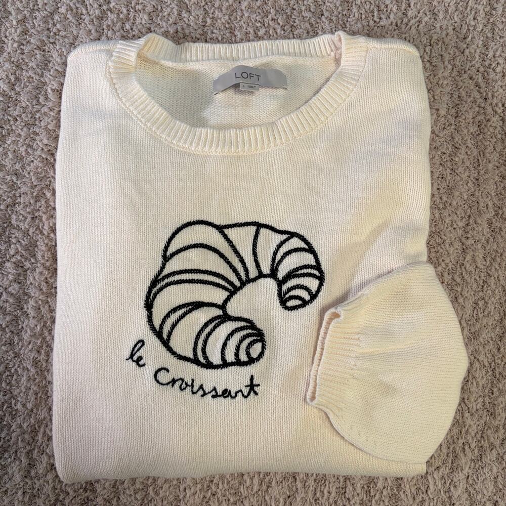 Loft Embroidered 'Le Croissant' Ivory Puff Sleeve Cotton Sweater Womens Large